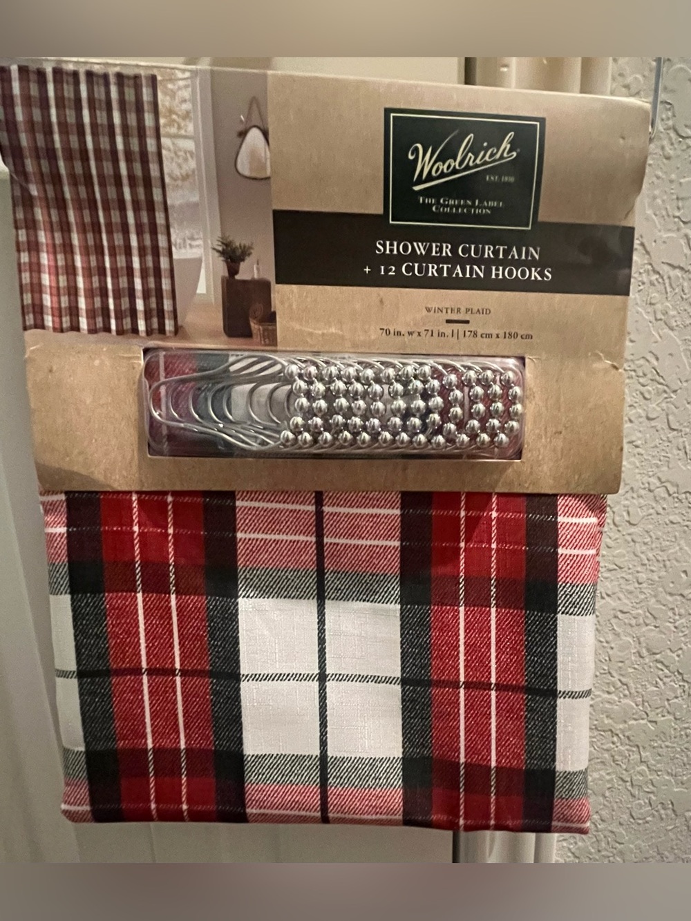 Woolrich Red Black White Plaid Shower Curtain Holiday Preppy with Hooks NEW